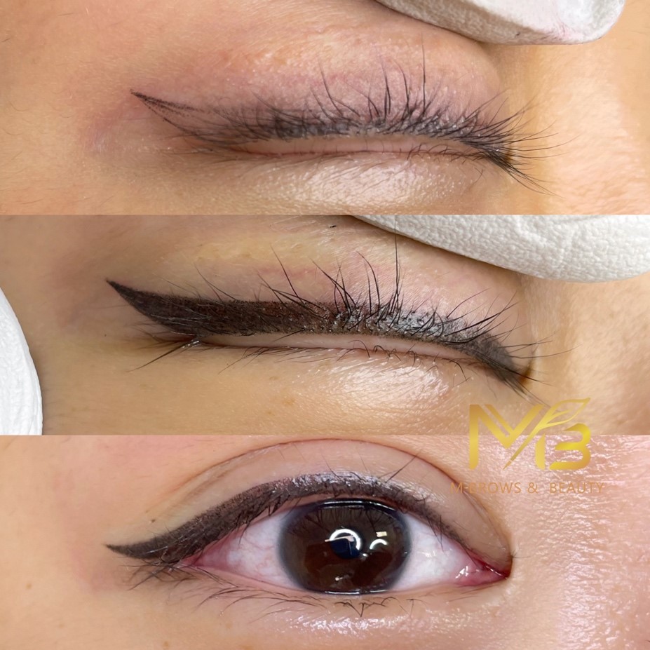 M Brows and Beauty Close-up images showing an eye with permanent eyeliner applied along the upper lash line. The eyeliner appears fresh and precise. The MeBrows & Beauty logo is visible in the lower right corner.