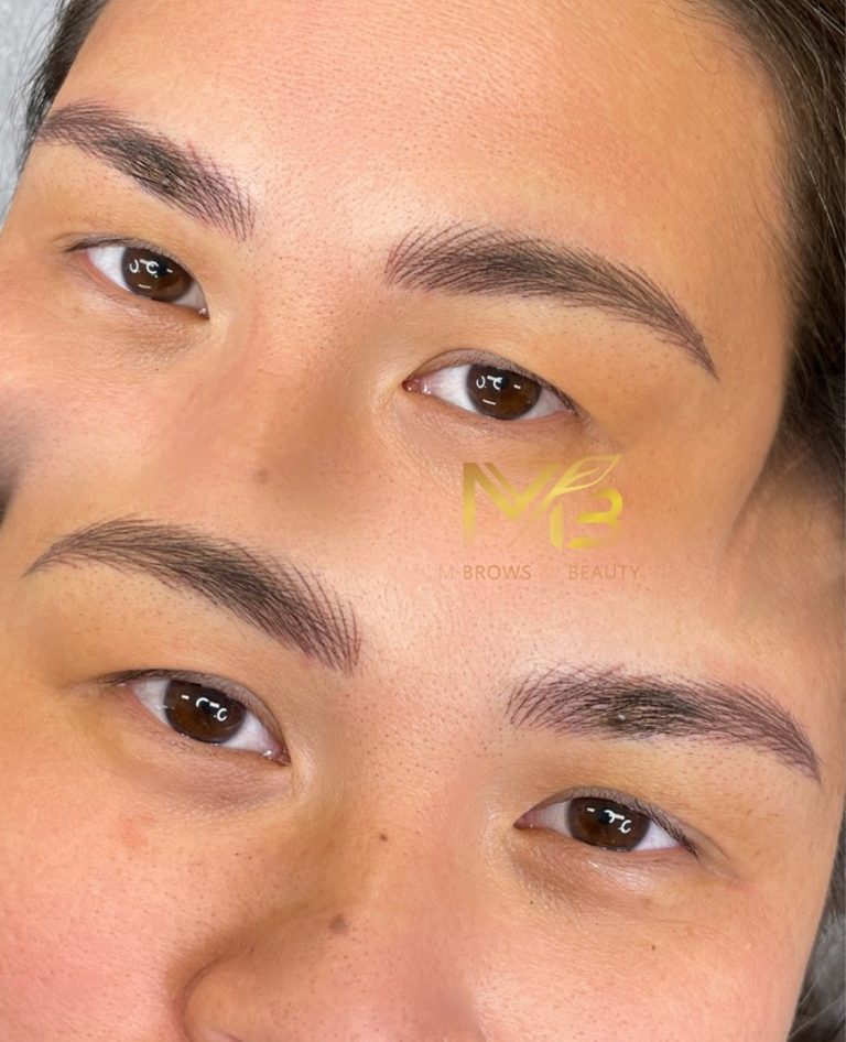 M Brows and Beauty Close-up before and after images of a person’s eyebrows, showing fuller, more defined brows after a beauty treatment. The skin tone and natural brow shape are maintained in both images.