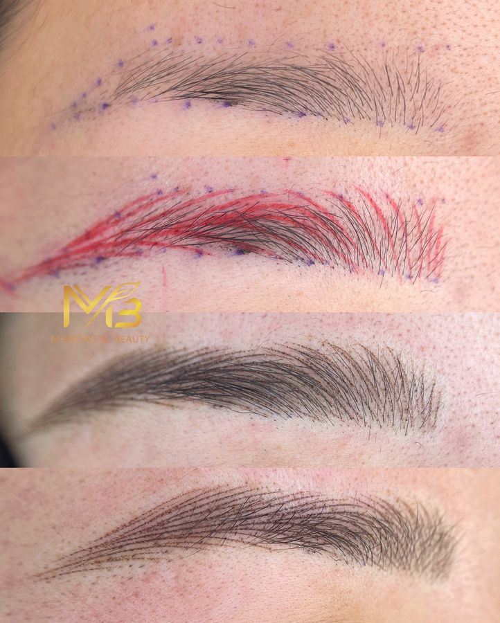 M Brows and Beauty Four stages of eyebrow microblading and permanent make-up: planning with purple dots, eyebrow with red ink after blading, partially healed eyebrow, and fully healed natural-looking eyebrows.