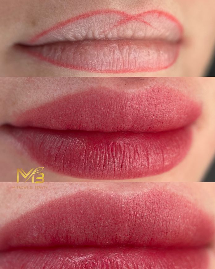 M Brows and Beauty Three close-up images of lips show a permanent make-up procedure: the top image has lips outlined in red, the middle shows lips partially coloured in, and the bottom displays fully coloured, well-defined lips.