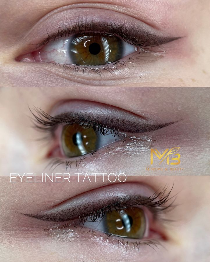 M Brows and Beauty Close-up images of a hazel eye with freshly applied permanent make-up eyeliner. The precise, dark line enhances the upper lash line. The logo "MB Brows & Beauty" and the text "EYELINER TATTOO" are visible.
