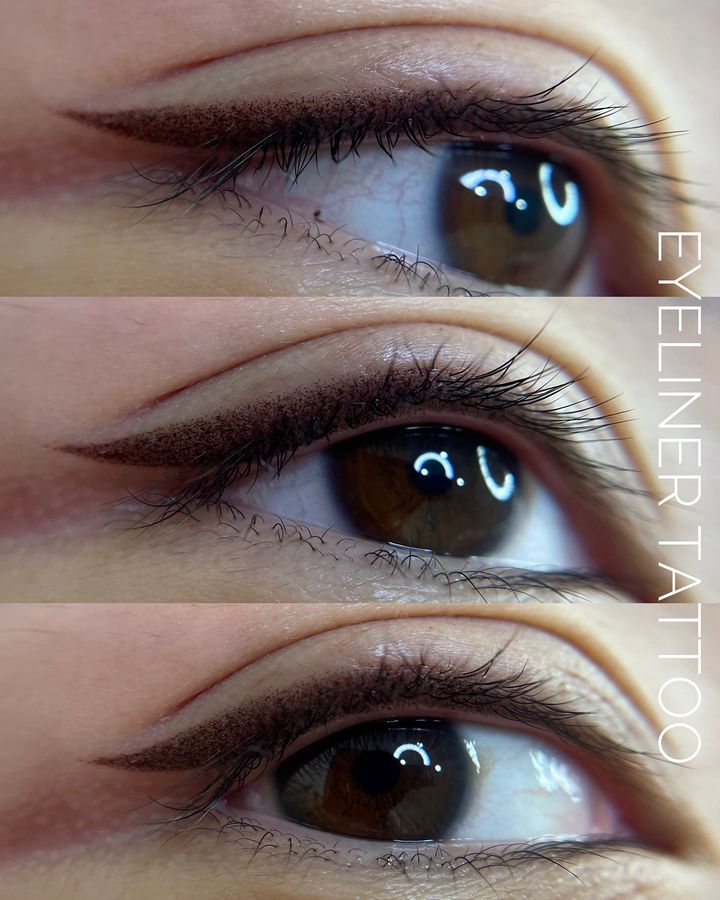 M Brows and Beauty Close-up of a brown eye with different permanent make-up eyeliner tattoo styles in three images: sharp winged liner, fuller lash line, and soft, natural liner. The words "EYELINER TATTOO" are written vertically on the right.