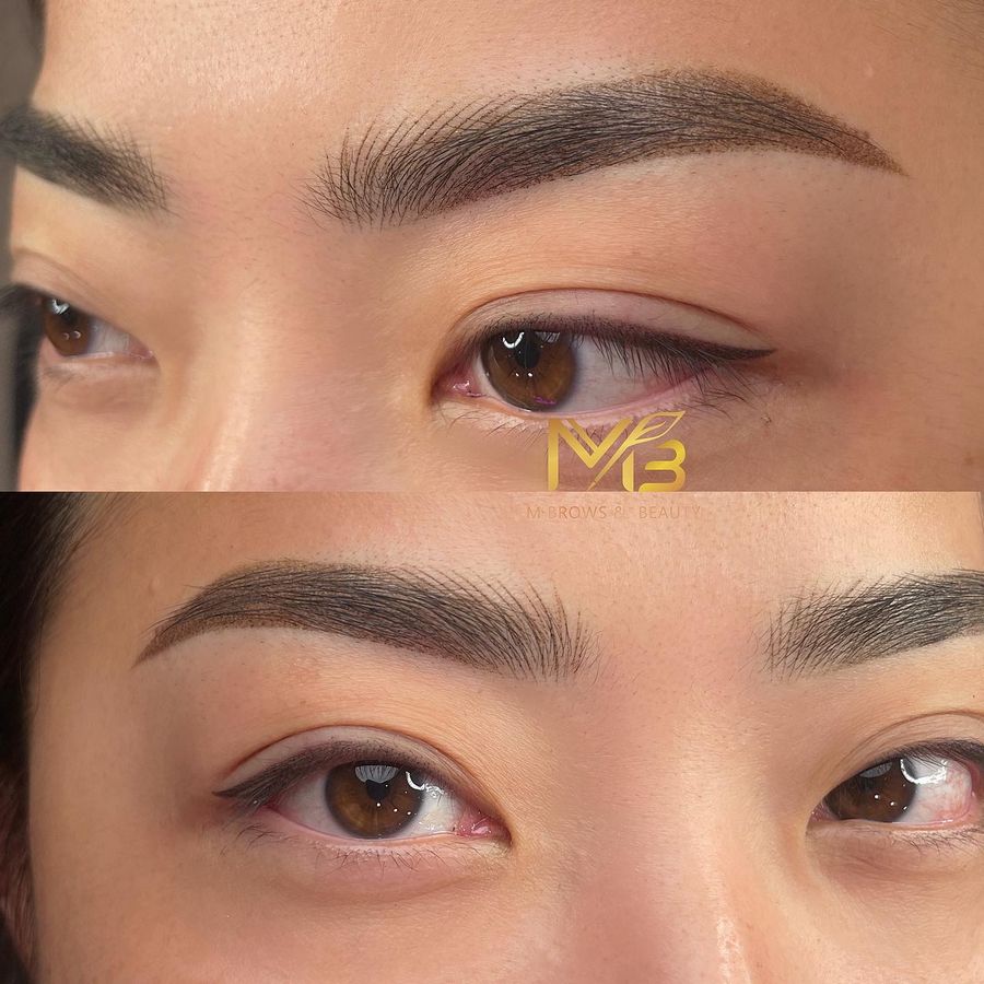 M Brows and Beauty Close-up comparison of a person’s eyebrows before and after shaping, grooming, and permanent make-up; the top shows a fuller, defined brow, whilst the bottom displays a more natural, slightly thinner look.