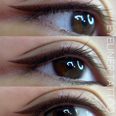 M Brows and Beauty Close-up of a brown eye from three angles, showing a sharp, winged eyeliner tattoo on the upper eyelid. The word "EYELINER TATTOO" appears vertically on the right side.