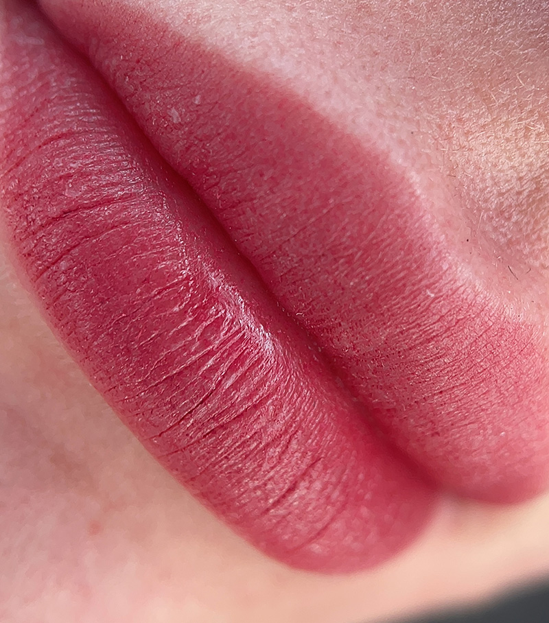M Brows and Beauty Close-up of a person's lips wearing matte pinkish-red lipstick. The lips appear smooth and well-defined, with natural skin texture visible.