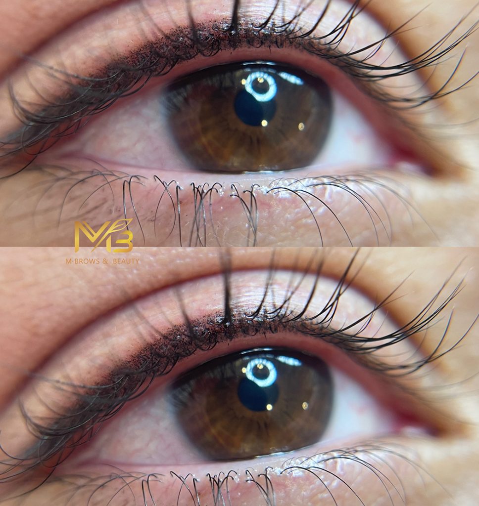 M Brows and Beauty Close-up of a brown eye before (top) and after (bottom) a lash lift treatment; the lower image shows lifted, more curled eyelashes. An "MB" logo is visible on the left—cosmetic tattoo Sydney expertise also available.