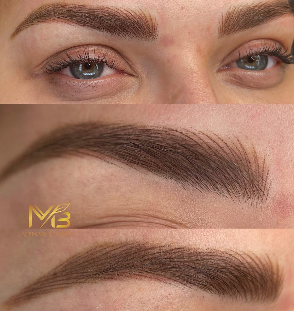 M Brows and Beauty Close-up images show neatly shaped and filled eyebrows with natural-looking hair strokes. The top and bottom photos capture the brows’ definition and symmetry, showcasing the results of expert cosmetic tattooing in Sydney.