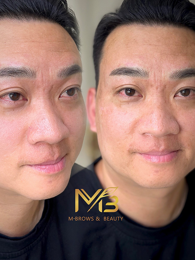 M Brows and Beauty Close-up of a man's face shown from two angles, highlighting smooth and groomed eyebrows enhanced by permanent make-up. The logo "M-Brows & Beauty" appears at the bottom centre of the image.