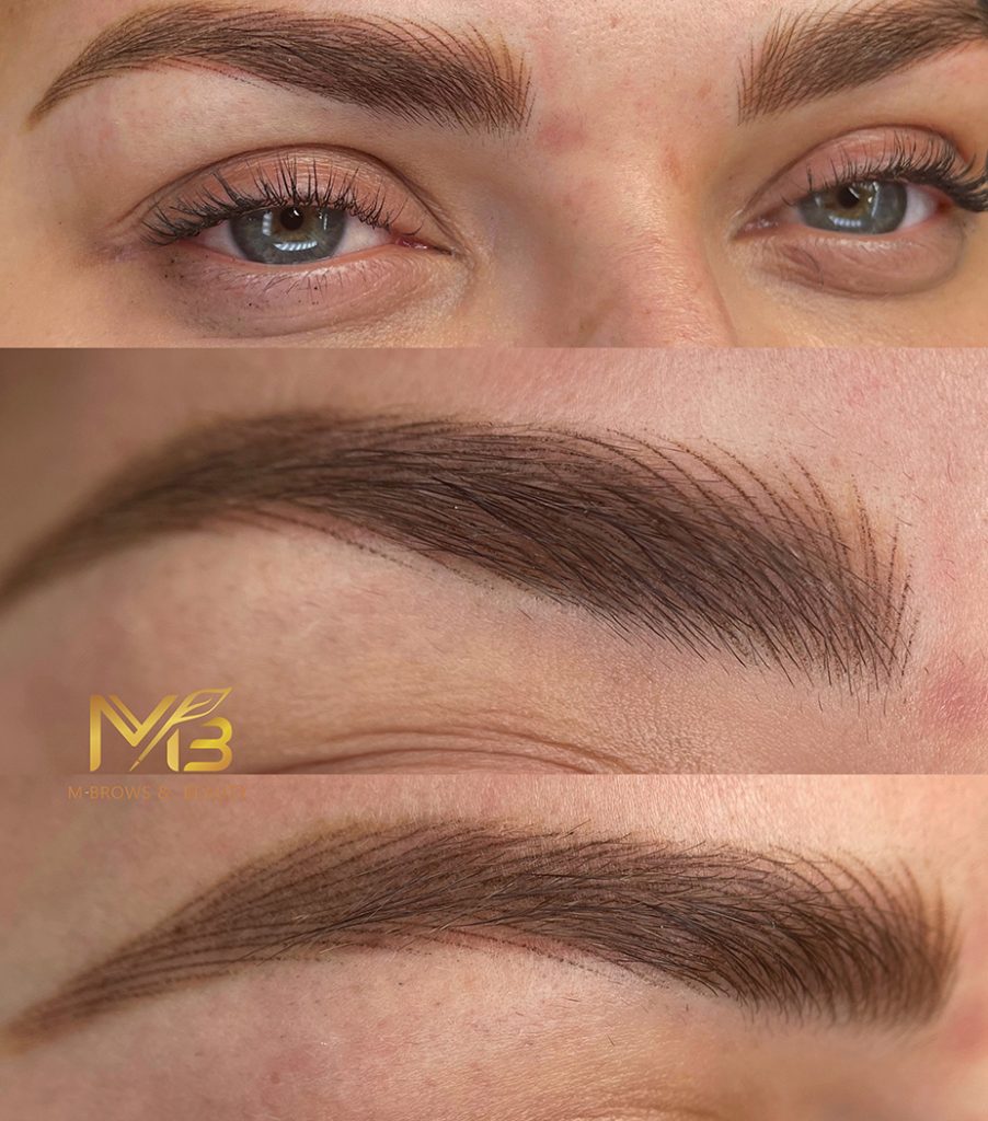 M Brows and Beauty Close-up of well-groomed eyebrows and eyes, showing different angles of natural-looking, defined brows with fine, hair-like strokes created by permanent make-up. The skin is smooth, and the logo "MB" appears in the lower left corner of the middle image.
