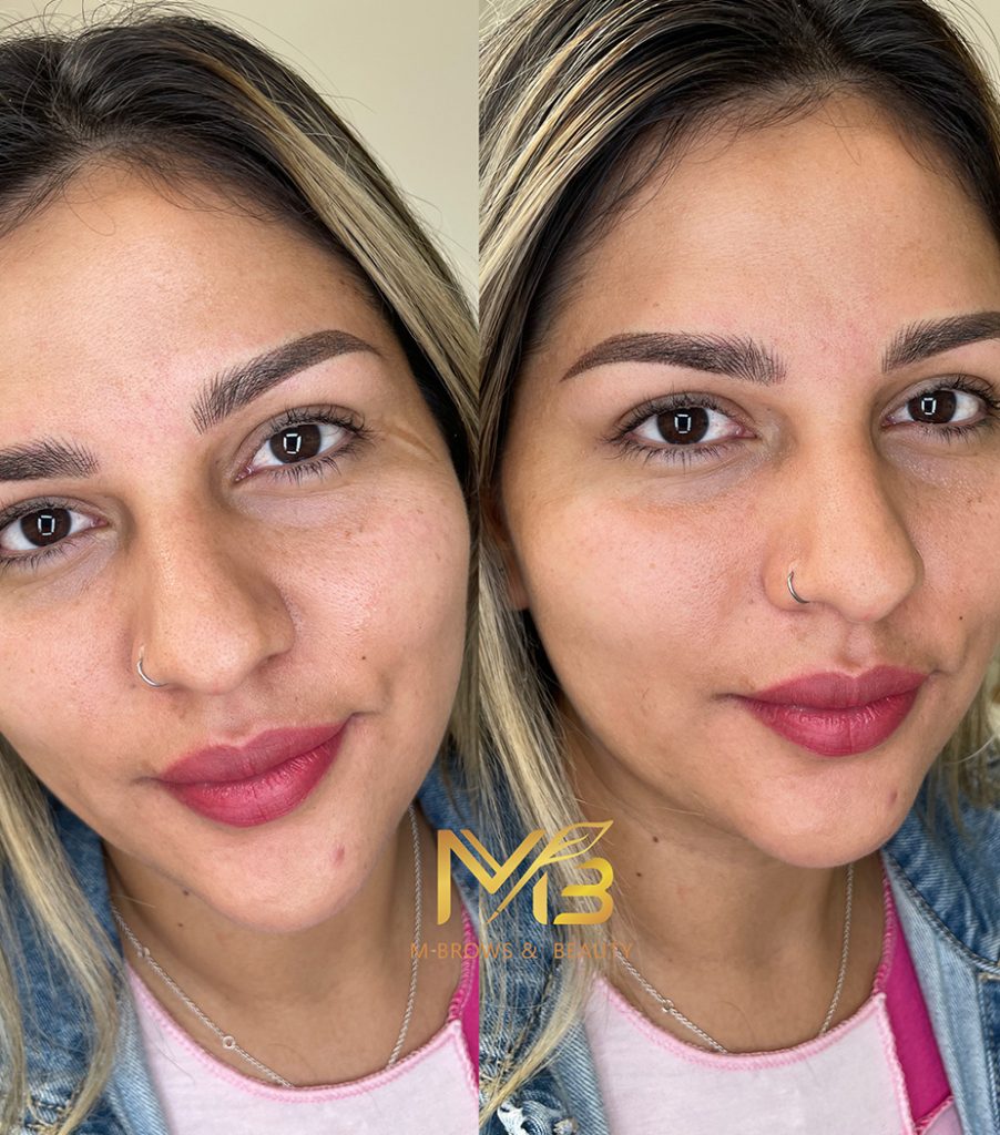 M Brows and Beauty Side-by-side comparison of a woman’s face before and after a ombre powder eyebrow enhancement. The left shows her natural brows; the right reveals fuller, defined brows. She sports a nose ring and vibrant pink lipstick.