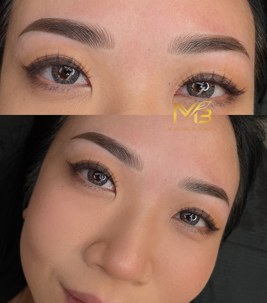 M Brows and Beauty Close-up before-and-after photo showing a woman's eyebrows. The top image features natural, sparse brows, whilst the bottom reveals fuller, well-shaped brows enhanced by permanent make-up.