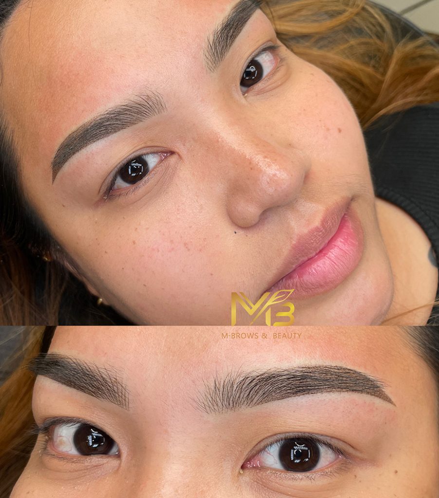M Brows and Beauty A close-up view of a woman's face and eyebrows before and after a beauty treatment, showcasing well-defined, freshly shaped, and fuller-looking eyebrows achieved with permanent make-up. The M-Brows & Beauty logo is visible in the centre.