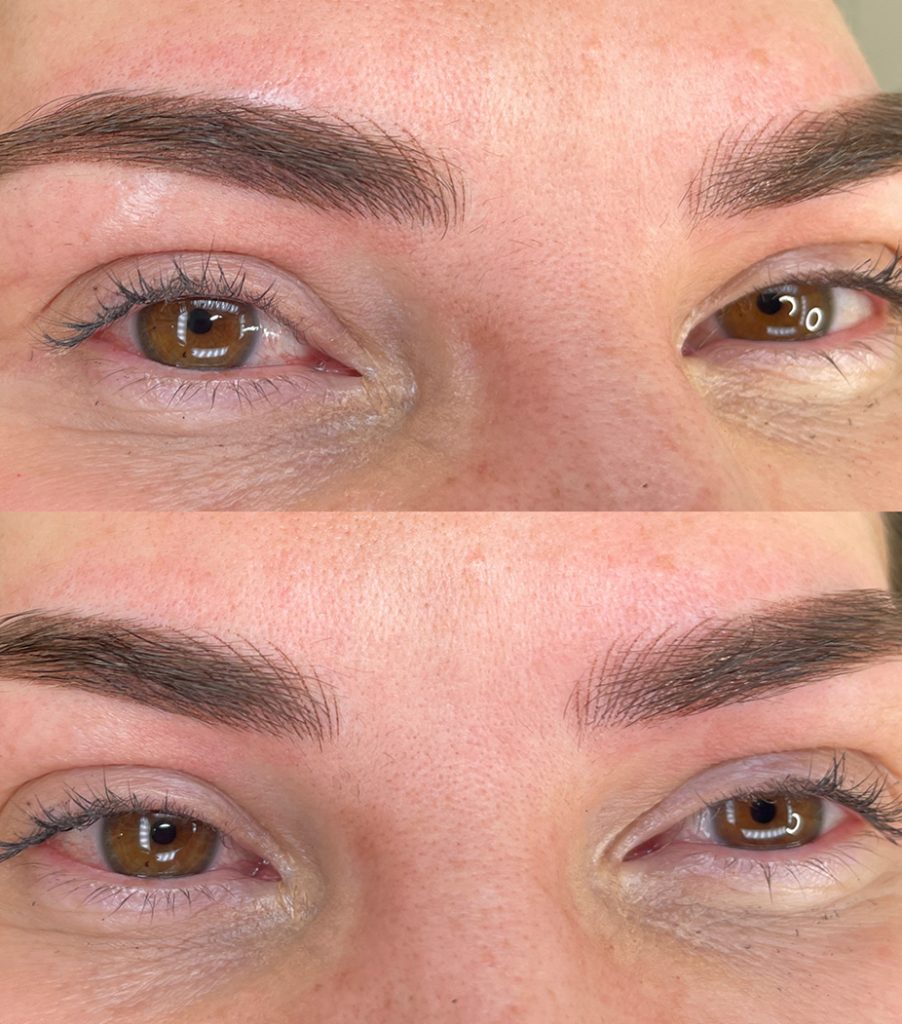 M Brows and Beauty Close-up of a person's eyes and eyebrows in two images: the top shows the eyebrows before grooming, while the bottom displays neater, more defined brows after shaping with permanent make-up.