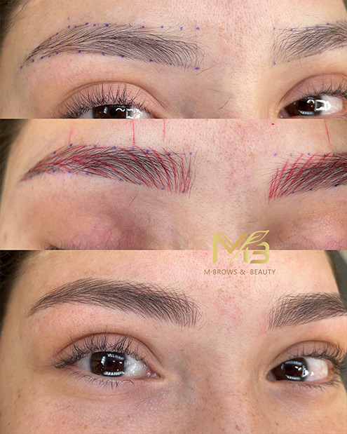 M Brows and Beauty A three-panel image shows the process of eyebrow microblading: the first panel shows outlined brows with marking dots, the second displays pigment application—as taught in cosmetic tattoo training—and the third reveals completed, natural-looking brows.