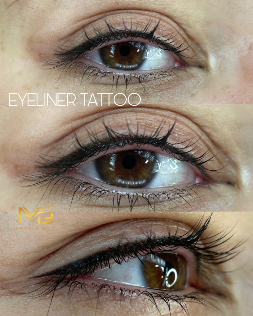 M Brows and Beauty Close-up of a brown eye in three stages, showing before and after results of an eyeliner tattoo procedure. The lashes are enhanced and eyeliner appears darker and more defined in the after images.