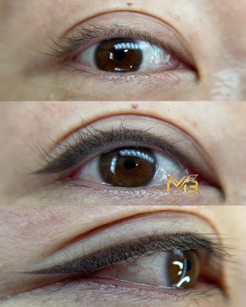 M Brows and Beauty Three close-up images of a brown eye: the first shows the natural eye, the second has upper eyelid eyeliner, and the third has eyeliner with a wing.