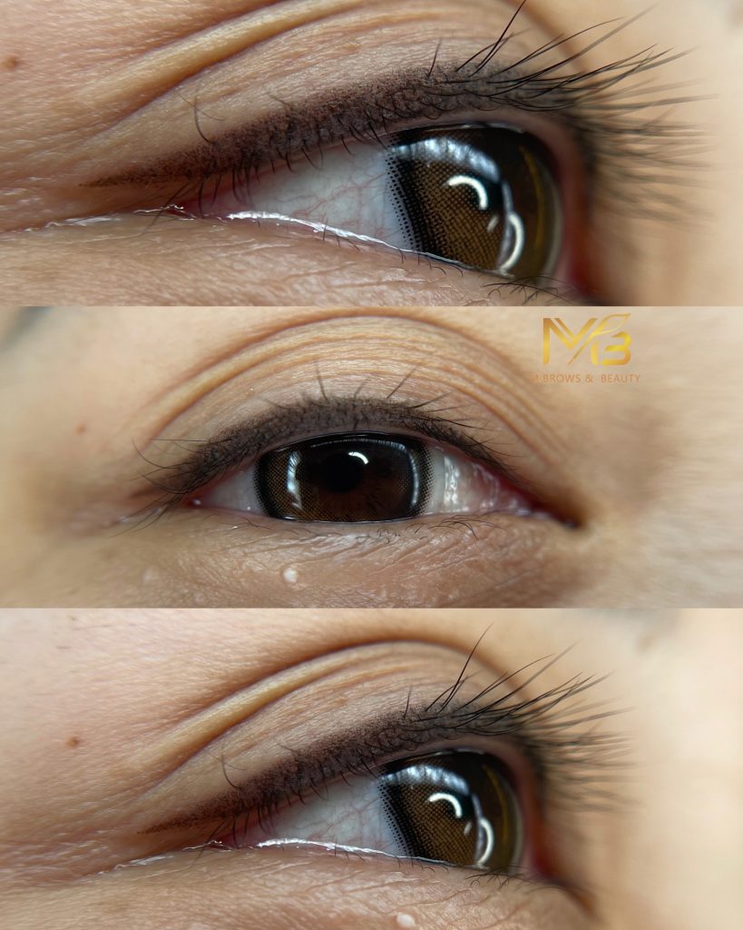 M Brows and Beauty Close-up images show the same eye from three angles, highlighting lash and eyeliner details. The middle image has a beauty business logo and a small teardrop near the lower eyelid.