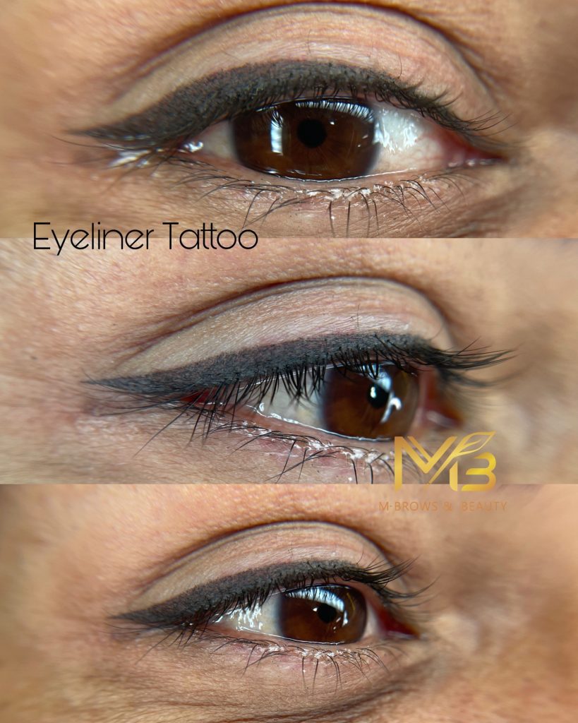M Brows and Beauty Close-up photos of a brown eye with permanent eyeliner tattoo on upper eyelid, shown from three angles. “Eyeliner Tattoo” text and “M Brows & Beauty” logo are visible on the image.