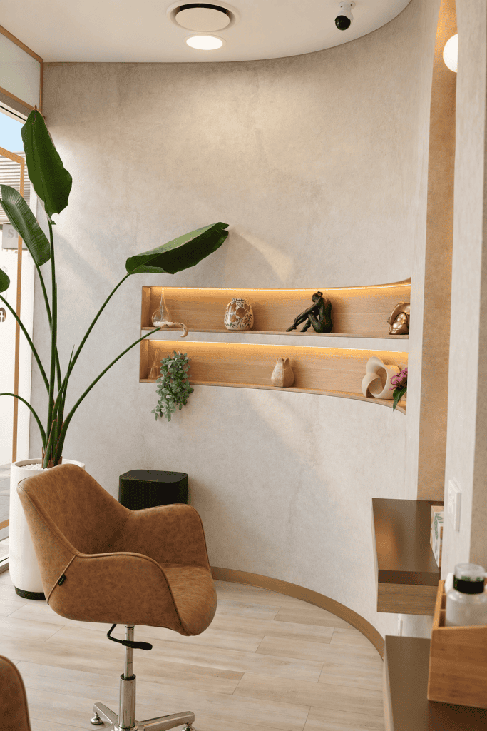 M Brows and Beauty A modern salon with a brown styling chair, curved beige walls, wooden shelves displaying decor, a tall plant, and a large window providing natural light.