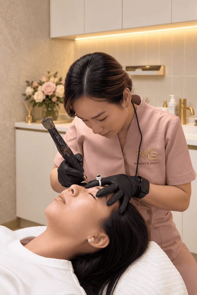 M Brows and Beauty A beautician wearing gloves uses a handheld device to perform a cosmetic tattoo procedure on a woman’s eyebrows in a treatment room, offering expertly tailored results at a leading cosmetic tattoo Sydney clinic.