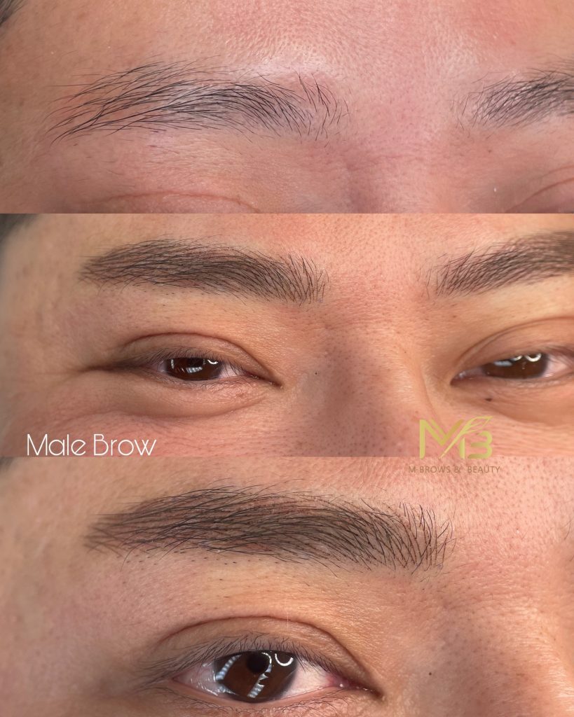 M Brows and Beauty Three photos showing a man’s eyebrow transformation: sparse brows before, fuller shaped brows after microblading, and a close-up of the final natural-looking results. “Male Brow” and a logo are included.
