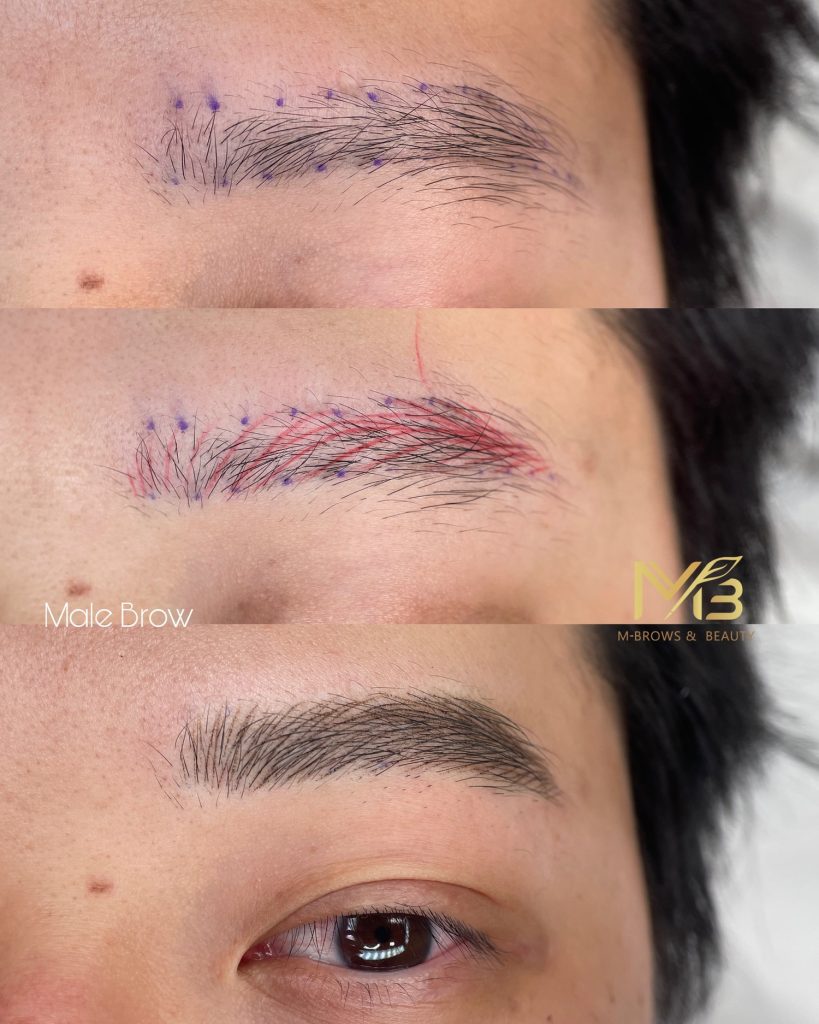 M Brows and Beauty Three close-up images show the stages of male eyebrow microblading: initial dotted outline, mid-procedure with redness, and the final groomed eyebrow result. “Male Brow” text and “M-BROWS & BEAUTY” logo are visible.