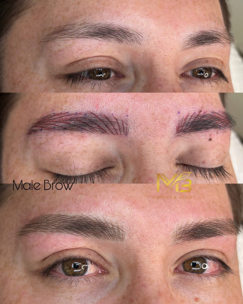 M Brows and Beauty Three panels show a man’s eyebrow transformation: sparse brows before, during microblading with drawn strokes, and after, with fuller, natural-looking brows. Text reads “Male Brow” and “MV Brows & Beauty”.