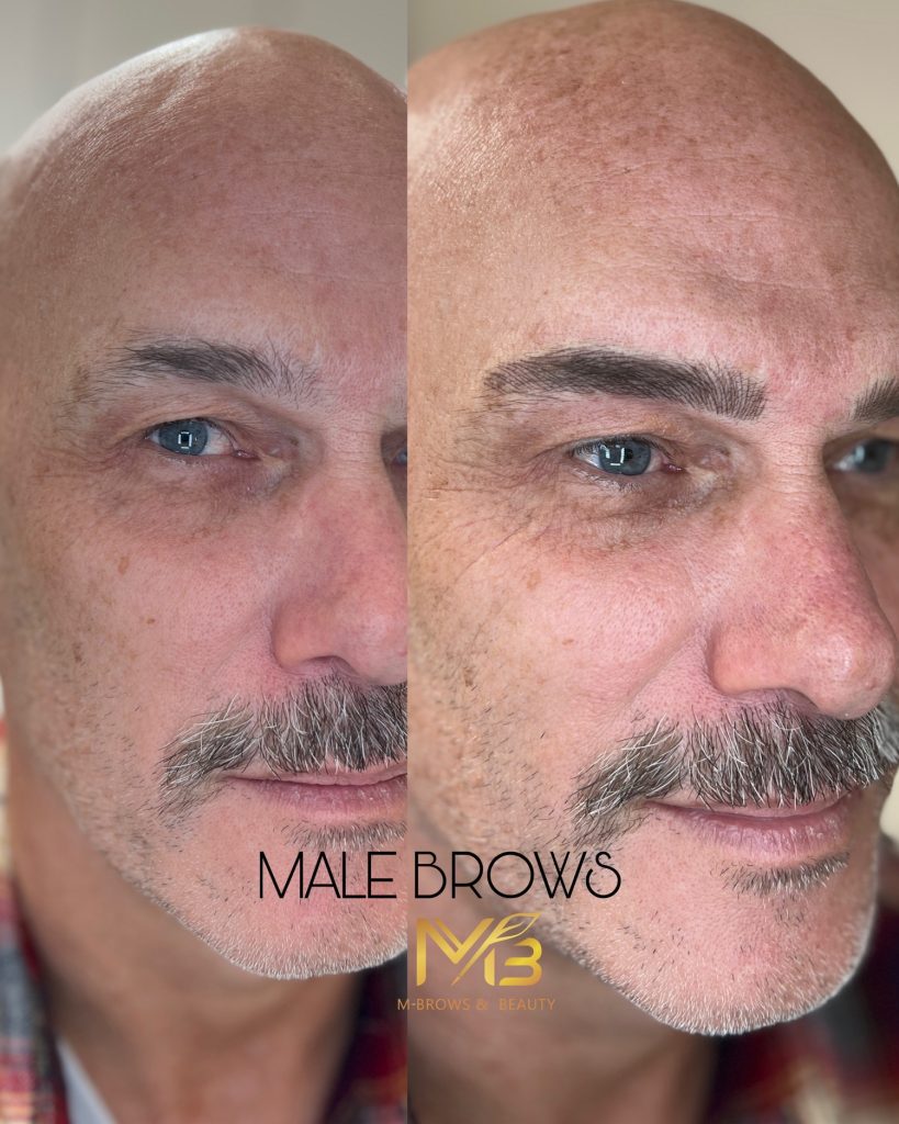 M Brows and Beauty Side-by-side close-up photos of a man’s face, showing sparse eyebrows on the left and fuller, groomed eyebrows on the right, with “MALE BROWS” and a beauty clinic logo at the bottom.
