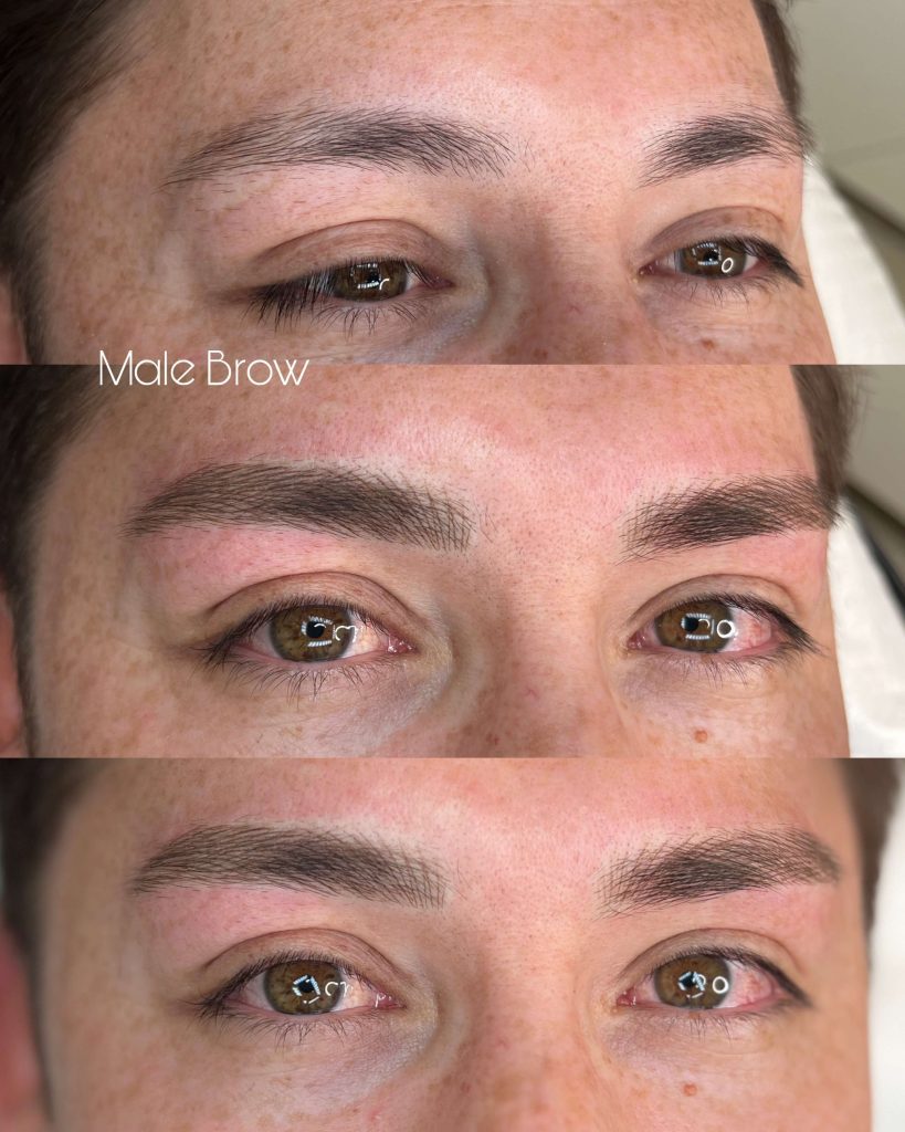 M Brows and Beauty Three photos of a man’s eyebrow area: before showing sparse brows, during with redness around defined brows, and after with full, neatly shaped eyebrows labelled “Male Brow”.