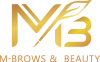 M Brows and Beauty Gold "MB" logo with a stylised brush forming part of the "M," above the text "M-BROWS & BEAUTY" in gold lettering on a light background.